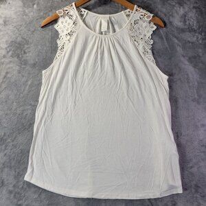 H&M Womens White Lace Shoulder Tank Top M Jersey Knit Sleeveless Casual Vibe